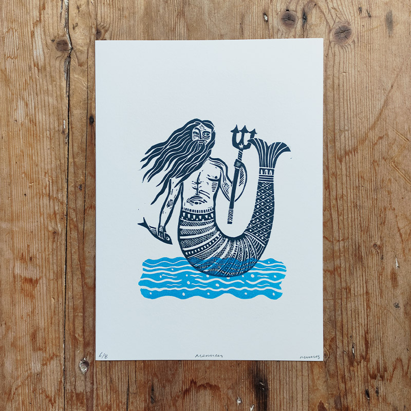 Merman lino print by mimi butler